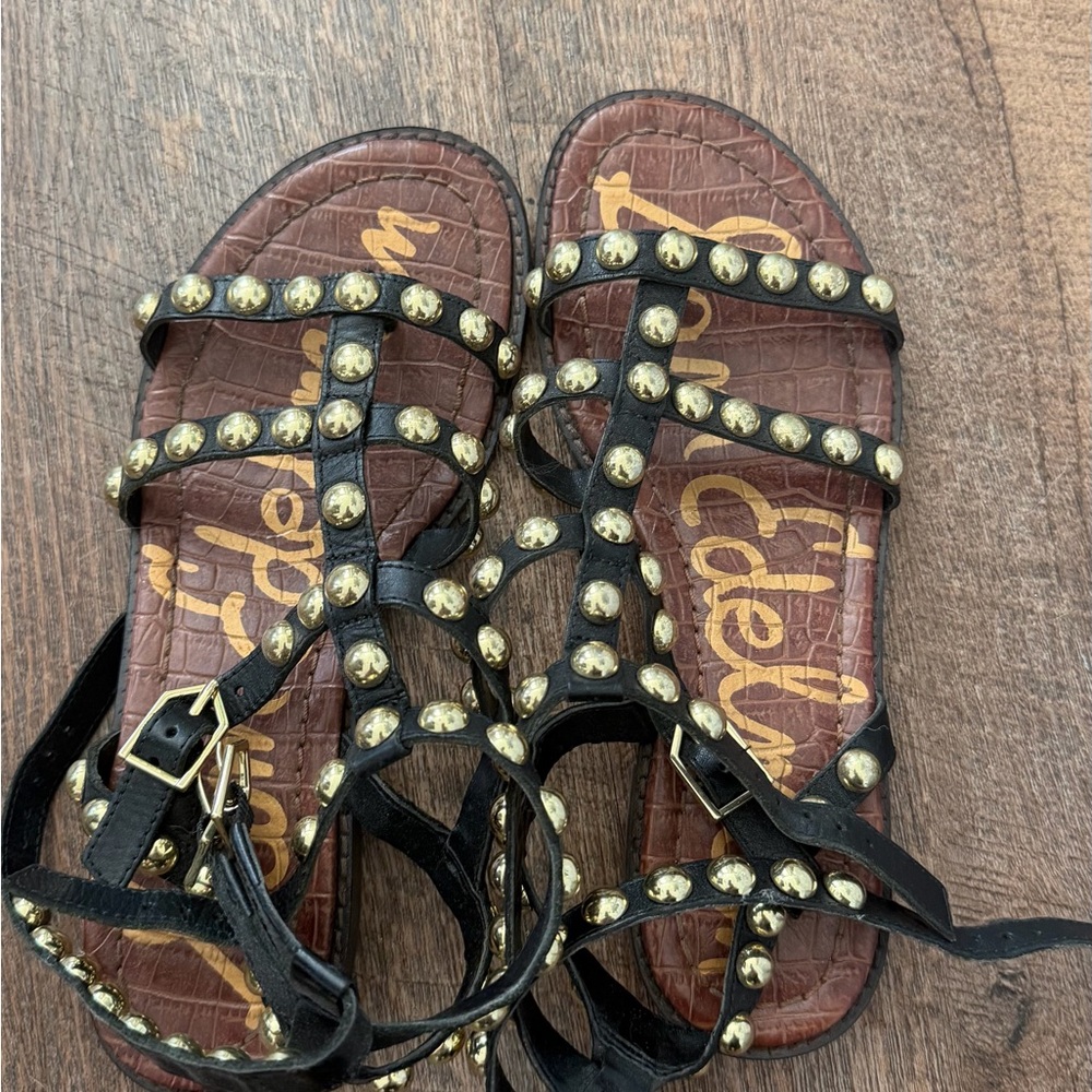 Sam Edelman Black Gladiator Studded Leather Sandals with Gold Studs